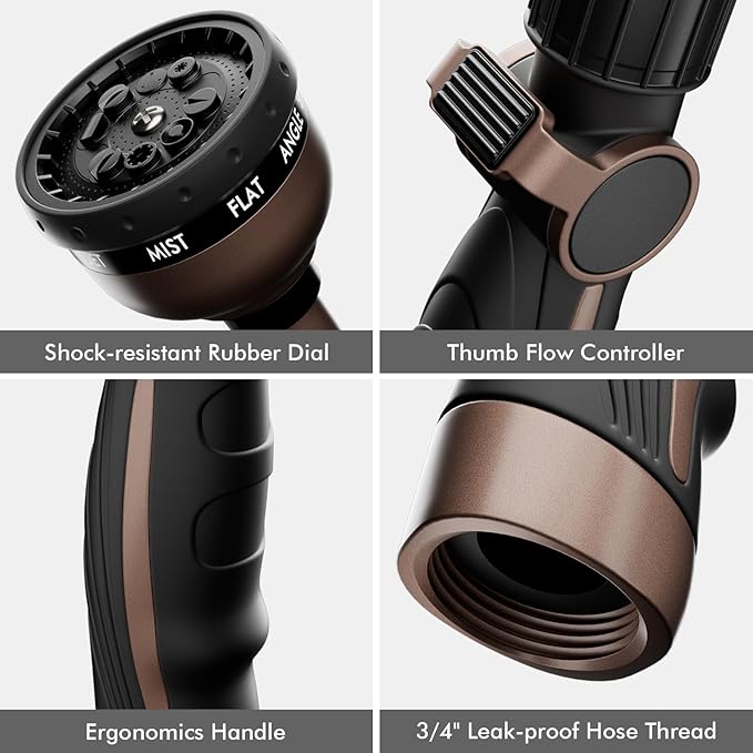 RESTMO Watering Wand, Heavy Duty Metal Garden Hose Wand with Thumb Flow Control, 15-Inch Long Hose Nozzle Sprayer with 10 Spray Patterns, Ideal to Water Hanging Baskets and Shrubs, Oil Rubbed Bronze