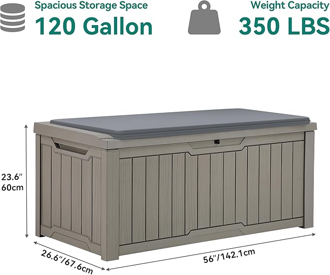 YITAHOME 120 Gallon Outdoor Storage Deck Box with Cushion, Large Resin Patio Storage for Outdoor Pillows, Garden Tools and Pool-Supplies, Waterproof, Lockable (Taupe)
