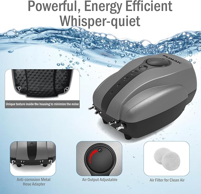 Pond Air Pump Pond Aerators for Outdoor Ponds up to 2000 Gallons, Flow Adjustable Pond Aerator Pump All-in-One Pond Aeration Kit with Airline Tubing Air Stones Check Valves