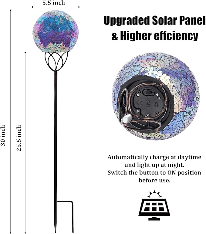 VCUTEKA Solar Lights Outdoor Garden Decor Mosaic Solar Garden Lights Waterproof Glass Ball LED Pathway Stake Light for Landscape Lawn Patio Yard Decoration Purple 6 inch