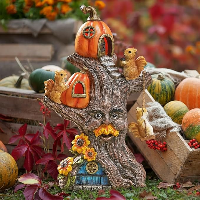 TERESA'S COLLECTIONS Fall Decor, Pumpkin Decor, Tree Spirit and Squirrels Pumpkin House with Solar Lights, Outdoor Fall Decor Waterproof Resin, Fall Gift Outdoor/Indoor,11"