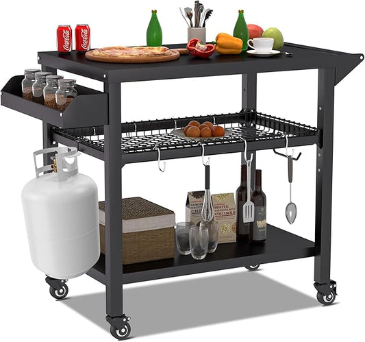Spurgehom Grill Cart, Pizza Oven Stand Table with Wheels, Outdoor Movable Kitchen Cooking Prep Table BBQ Cart with Mesh Racks for Home Party, Bar, Camping