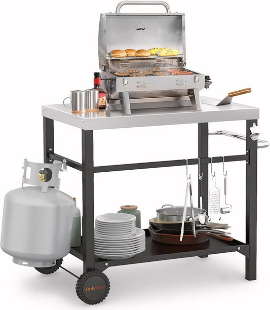 only fire Stainless Steel Movable Dining Cart Table, Pizza Oven Table, Multifunctional Utility Cart with Wheels for Outdoors, Kitchen or Backyard Patio