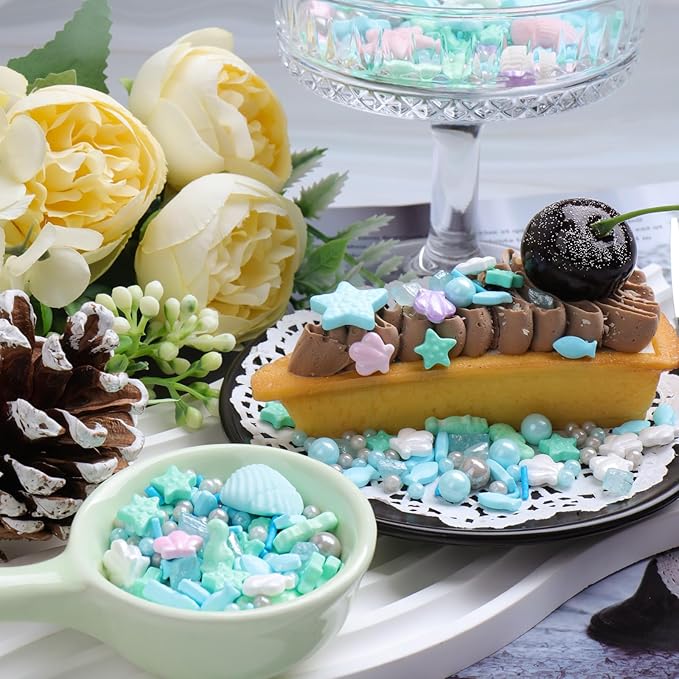 Ocean Sprinkles for Cake Decorating, Shell, Seahorse, Starfish, Fish & Pearl Sugar Mix for Cupcakes Cookies and Ice Cream Toppings