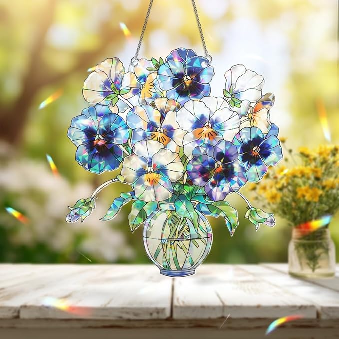 Acrylic Pansy Vase Suncatcher – Window Hanging Flower Ornament, Sun Catchers for Windows, Handmade Floral Home and Garden Decor Gift, Gift for Plant Lovers