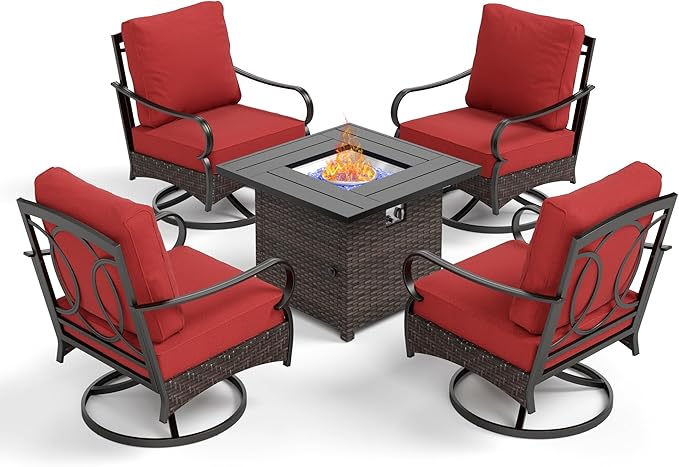 Patio Furniture Set with 32" Fire Pit Table, Patio Conversation Sets 4 Swivel Chairs with Thick Cushion and 50000 BTU Fire Pit Table (5 Pieces,Red