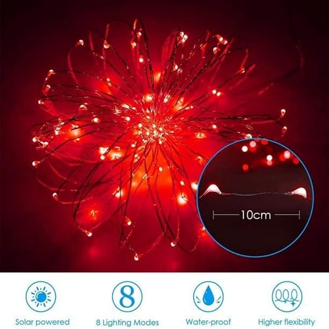 YEGUO 4 Pack Red Solar Fairy Lights Outdoor Waterproof, Each 33ft 100 LED String Light, 8 Modes Silver Wire