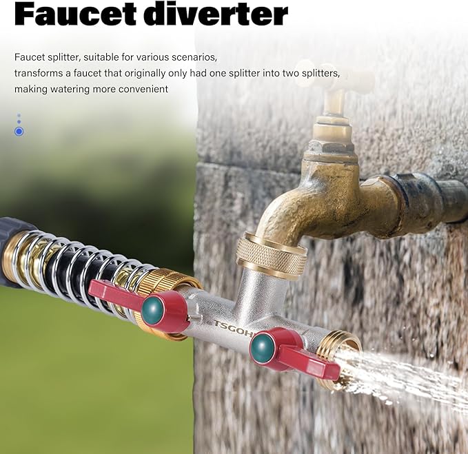 Brass Garden Hose Splitter, 2-Way Heavy Duty Faucet Splitter, 180° longitudinal，Frost Resistant Faucet Diverter for GHT 3/4" Connectors，2 protectors to prevent hose kinking