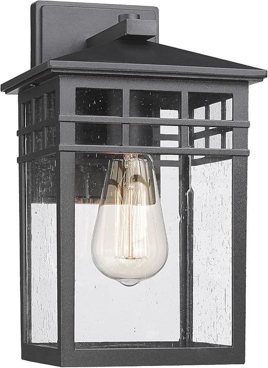 Outdoor Light Fixture Wall Mount, Modern Exterior Lights Fixture Wall Sconces with Seeded Glass for Front Porch, Farmhouse Rustic Waterproof Lantern Lamp in Black Finish for Home, Barn, Garage