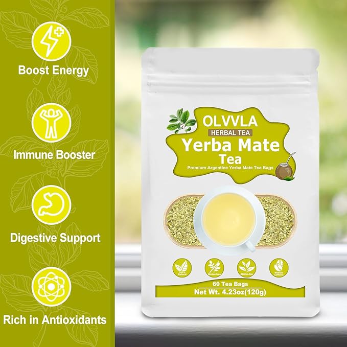 Olvvla - Premium Yerba Mate Tea - 60 Count - 100% Natural Argentine Yerba Mate Tea Bag - Unsmoked Pure Yerba mate - Medium-Caffeine Energy Tea