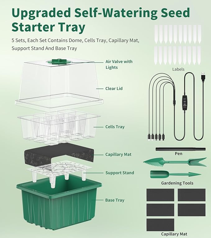 Seed Starter Tray, 60-Cells Seedling Starter Trays with Grow Light, Self-Watering Seed Germination Kit for Indoor Gardening Seed Starting (5 Pack, Green Base)