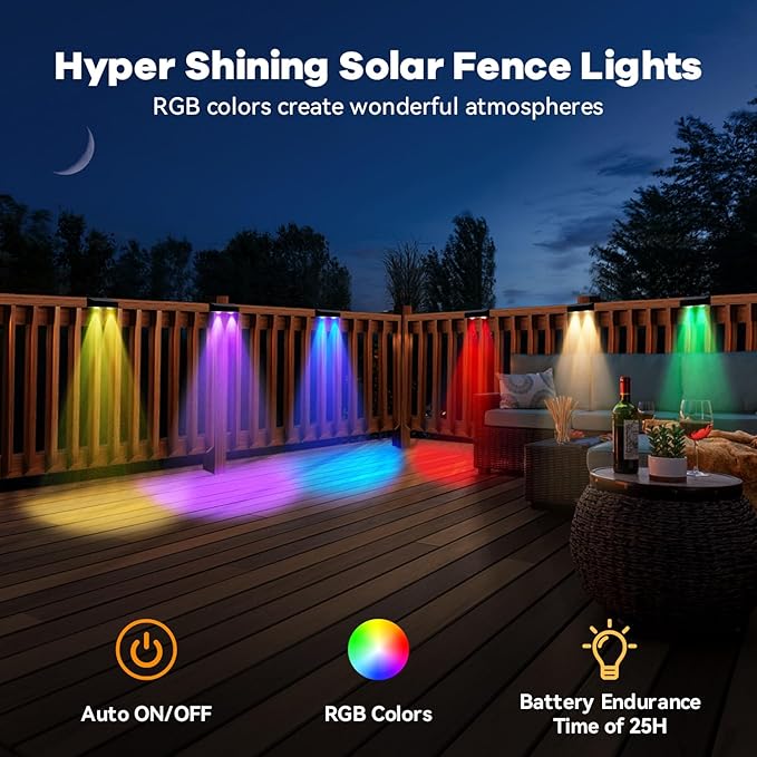 Solar Fence Lights Outdoor,Fence Solar Lights Outdoor IP65 Waterproof Designed with 12 Modes RGB 10 Colors for Wall Step Pool Railing Patio Backyard Holiday Feature Decorations (2 Pack)