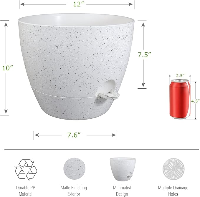 12 inch Large Self Watering Pots, Plastic Planters with 60oZ Removable Deep Reservoir and Multi Mesh Drainage Holes for Indoor Outdoor Garden Plants and Flowers, White Speckles