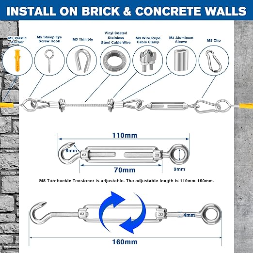 220FT 1/8" Wire Rope Kit - 304 Stainless Steel Cable with Turnbuckles for Cables Wire, Vinyl Coated Hanging Wire for Outdoor String Lights, Camping, Garden Trellis, Hanging Clothes, Pictures, Curtain