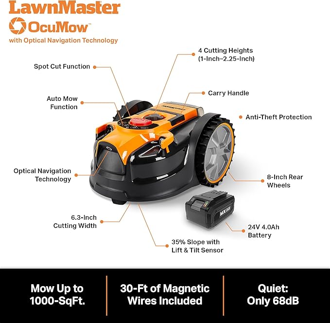 LawnMaster OcuMow™ Perimeter Wire Free Robot Lawn Mower Cuts Small Lawns 1000-2000 Square Feet with Optical Navigation, Obstacle Avoidance, Low Noise and No Go Function