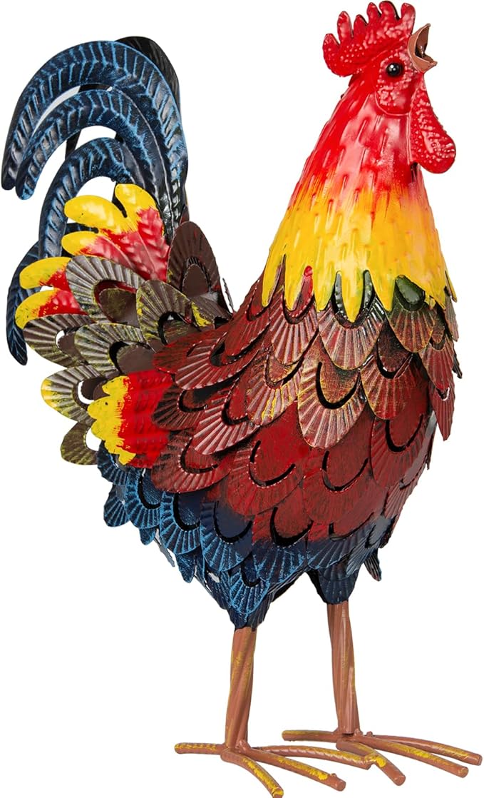 XONOR Metal Rooster Statues, Garden Chicken Decorations, Outdoor Chicken Sculpture, Metal Yard Rooster Artwork for Outdoor, Patio, Backyard and Home Kitchen Decoration (1pc, Blue Red)