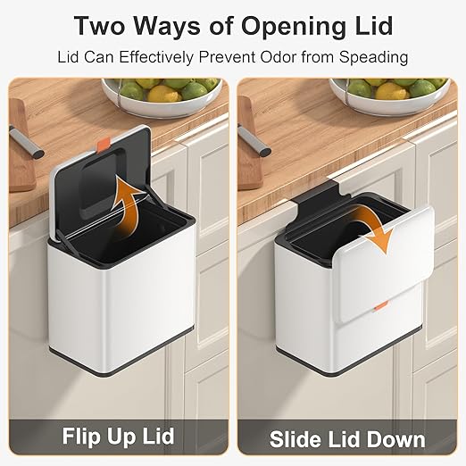 Mbillion Kitchen Compost Bin Hanging Trash Can with Lid 1.05 Gallon Stainless Steel Garbage Can for Kitchen Cabinet Door Mounted Trash Can Under Sink Door RV Bathroom,White