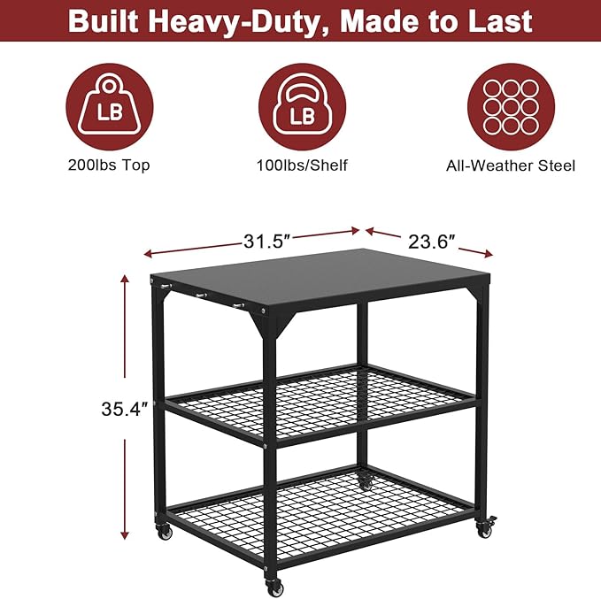 Stainless Steel Pizza Oven Table Cart with Wheels, 3-Shelf Outdoor Grill Stand for Ooni, Blackstone, Ninja Woodfire, Cuisinart and Most Grill – Portable Movable Food Prep Cart & Topping Station