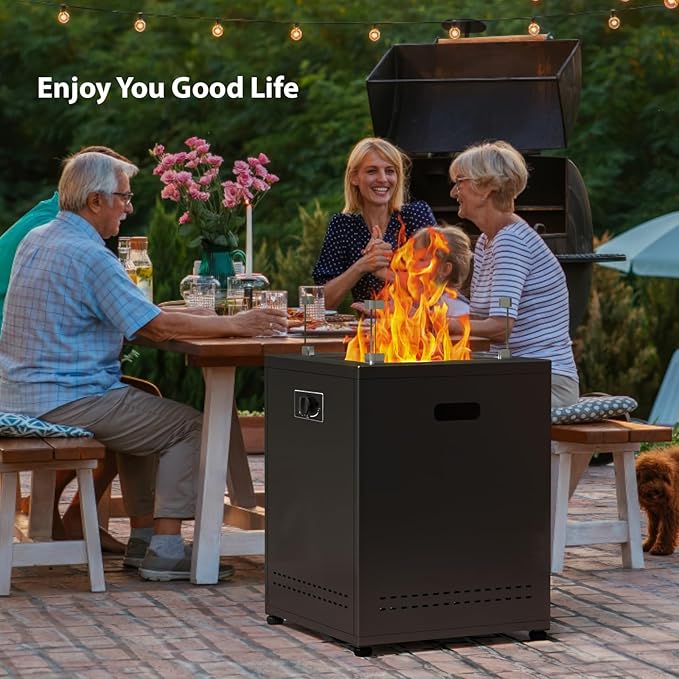 Fire Pit Table Propane Smokeless Fire Pit Outside Heater Patio with Lava Rocks，Glass Wind Guard and Cover,20" Square Fire Pit Table for Balcony Garden Outdoor Camping Deck Backyard,Black