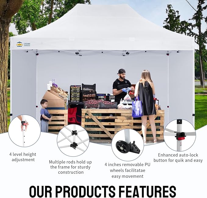 CROWN SHADES 10x15 Pop Up Canopy Tent, Thicken Frame Commercial Heavy Duty Tent, 4 Sidewalls 8 Stakes & 4 Sandbags & 4 Ropes, Outdoor Canopies for Events, Parties,White