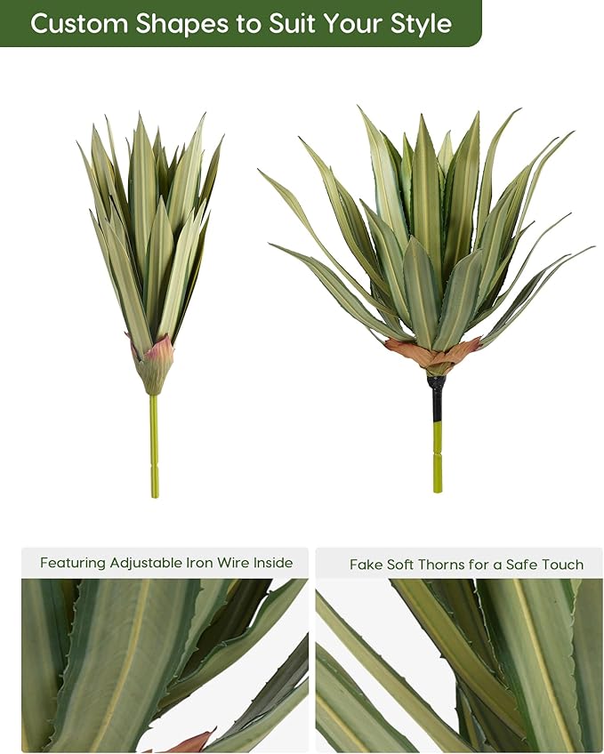 Velener Artificial Outdoor Agave Plants, Green Outdoor Faux Plants with Broad Sword-Shaped Leaves, Small Size UV Resistant Fake Agave Plants for Indoor and Outdoor Decor(14 Inch)-2 Pack