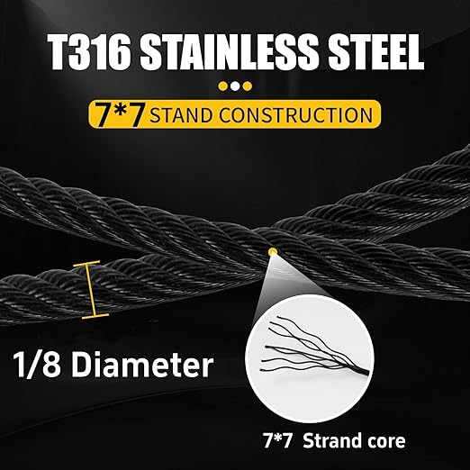 600FT 1/8" Stainless Steel Cable Black, Wire Rope with Cable Cutter, 7x7 Strands,1800lbs Breaking Strength, Aircraft Cable Rope for Deck Cable Railing, Stair, Fence, DIY Balustrades