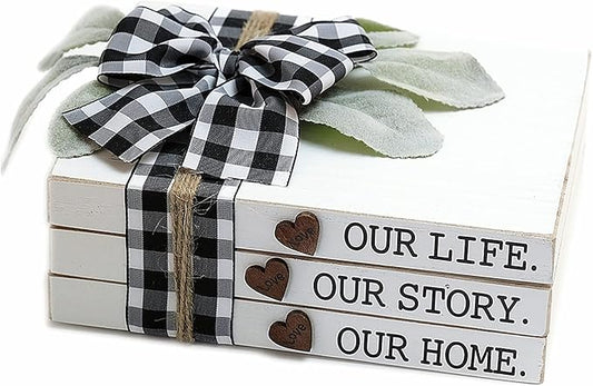Our Life Our Story Our Home-Farmhouse Stacked Books, 3 Stacked Decorative Books, Rustic Wooden Signs for Home Decor-Housewarming Gifts