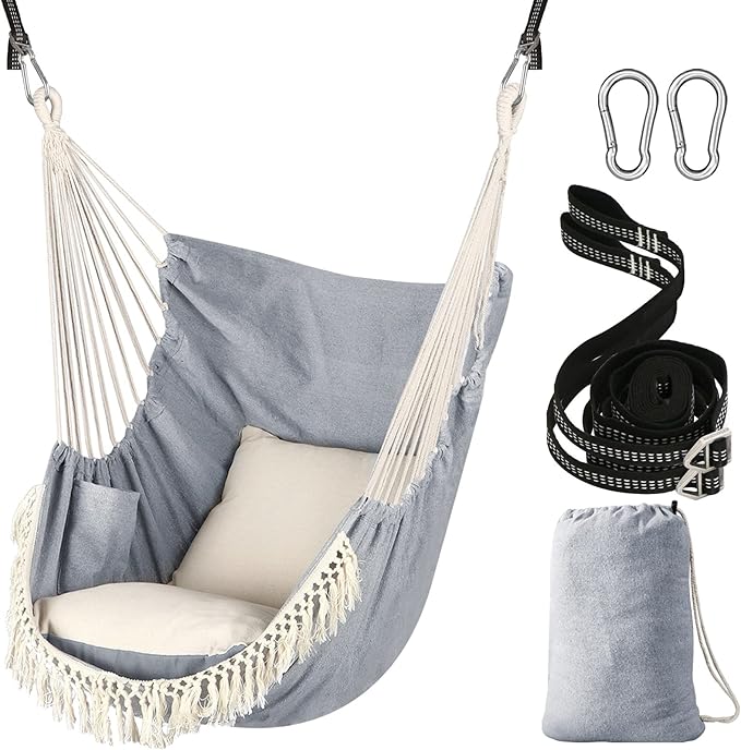Chihee Hammock Chair Hanging Swing 2 Pillows Included,Strong Webbing Straps and Hooks for Easy Hanging Soft Cotton Hanging Chair Side Pocket Tassel Chair Comfort Indoor Outdoor Light Grey