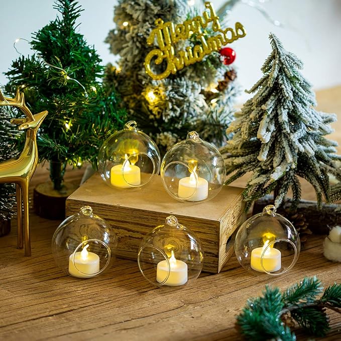 12 Pcs 3.15"/ 8cm Hanging Glass Tealight Holder Globe with LED Tealight, Plant Terrariums Glass Orbs Air Plants Tea Light Candle Holders Home Decor Indoor Outdoor Garden DIY Gifts (12 Pcs)