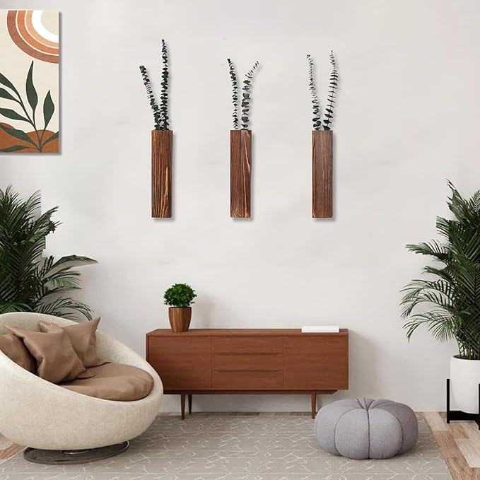 Wooden Wall Planter Set of 3 - Modern Home Decor for Living Room, Bedroom, Bathroom - Walnut Finish Planter for Dried Flowers, Faux Greenery, Indoor Plants
