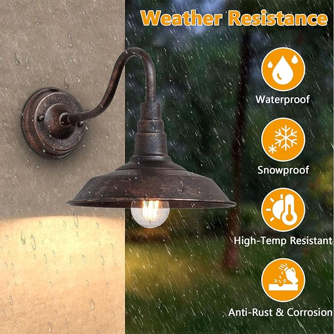 2-Pack Outdoor Gooseneck Barn Light 10" Retro Exterior Wall Light Iron Art Dome Farmhouse Wall Sconces Anti-Rust Waterproof Outdoor Light for House Porch Garage Entryway