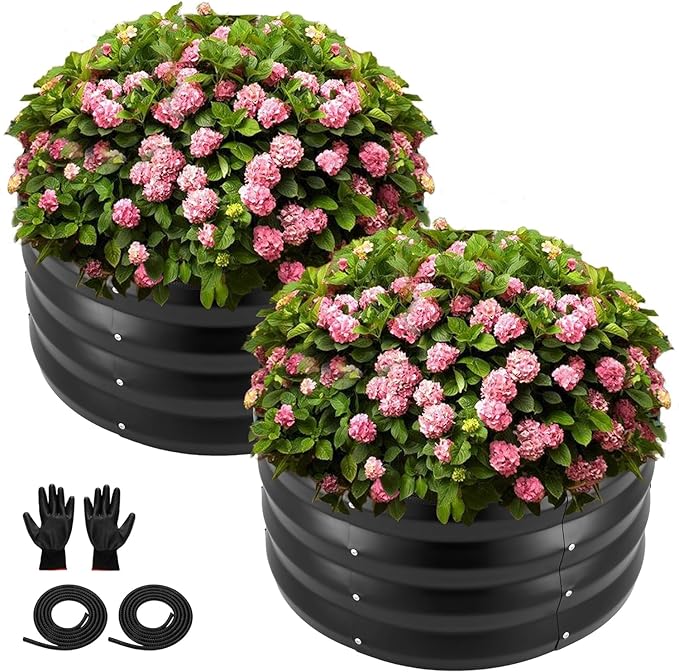 ZXZYHFTY Round Galvanized Raised Garden Bed kit,Black Outdoor Garden Raised Planter Box, Round Large Metal Raised Garden Beds for Vegetable 2 * 2 * 1ft 2 Pcs