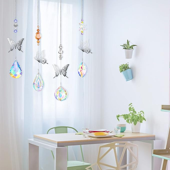 Hicarer 7 Pieces Crystals Suncatcher Butterfly Prism Sun Catchers Colorful Crystal Chandelier Rainbow Pendant Christmas Tree Decor Wall Hanging Window Ornament