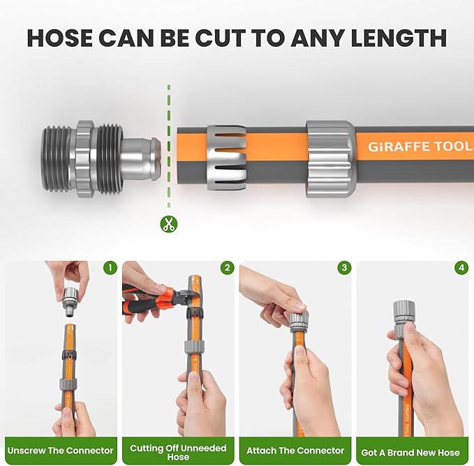 Giraffe Tools Garden Hose 10FT, 5/8" Lightweight Lay Flat Water Hose, Custom Length, Flexible, Leakproof Hybrid Hose Pipe with Male to Female Fitting