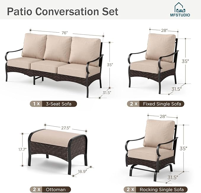 MFSTUDIO 7 PCS Outdoor Patio Furniture Set, Metal Outdoor Conversation Set, Rattan Wicker Patio Sectional with 2 x Fixed and Rocking Single Sofa, 3-Seat Sofa, 2 x Ottoman, Beige