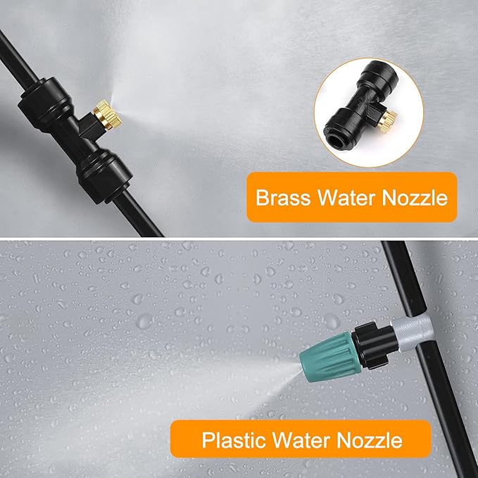 Brass & Black Misting Nozzles Kit - 20pcs Mister Nozzles & Tees with 2pcs Plugs for 1/4" Tubing and Outdoor Patio System