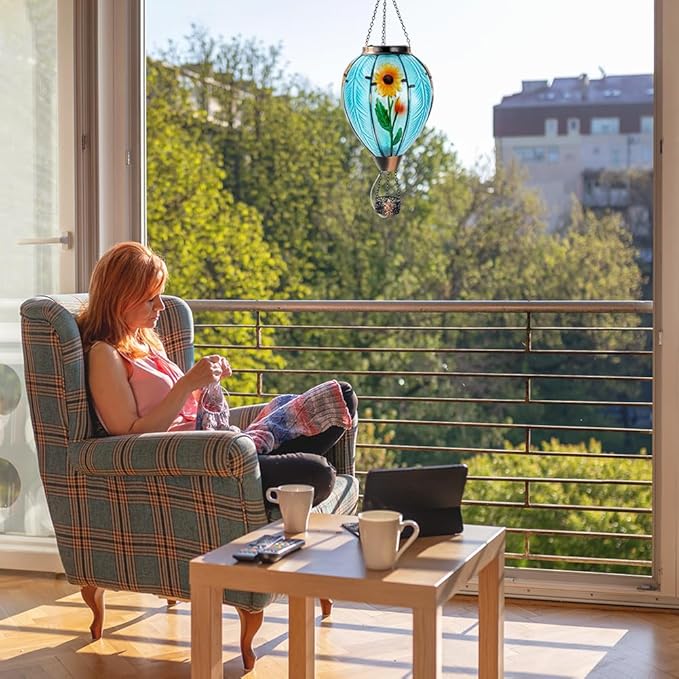 Starsoul Large Solar Hot Air Balloon Lantern with Flame Sunflower Glass Hanging Outdoor Hot Air Balloon Solar Light Waterproof Garden Patio Yard Party Decorations