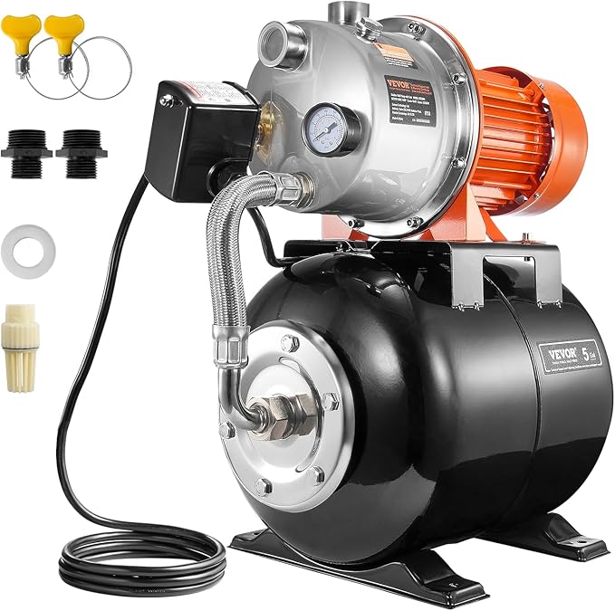 VEVOR 1.6 HP Shallow Well Pump with Pressure Tank, 1320 GPH, Automatic Irrigation Water Booster Pump with 30/50 PSI Pressure Switch for Home Garden Lawn, Certification for Drinking Water Security