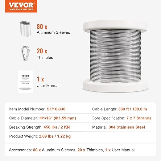VEVOR 1/16 Wire Rope, 330 FT 304 Stainless Steel Cable with 80 Sleeves, 20 Thimbles, 450 lbs Breaking Strength, 7x7 Strands Marine Aircraft Grade for Handrail Stair Decking Fence Outdoors