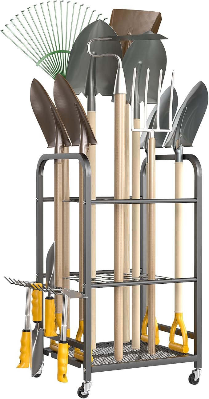 Ultrawall Garden Tool Organizer Stand, Yard Tool Storage Rack with Lockable Wheels, Garage Tool Storage for Rake, Brooms, Indoor & Outdoor Use