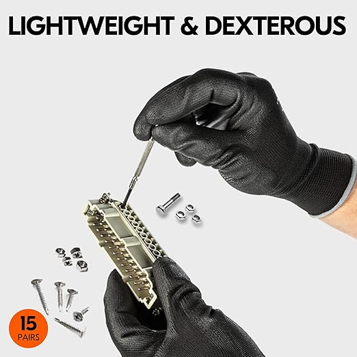 Vgo... 15-Pairs Safety Work Gloves, Gardening Gloves, Polyurethane Coated, Dipping Gloves, Latex Free (Size M, Black, PU2103)