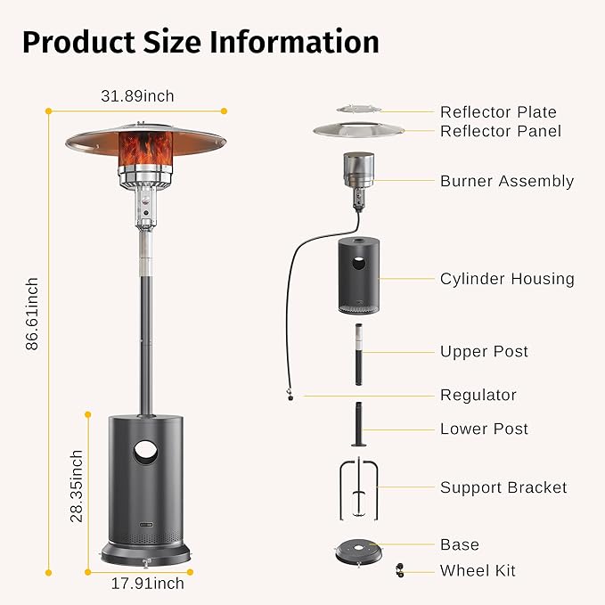 EAST OAK 55,000 BTU Propane Patio Heater with Round Table & Stainless Steel Burner, Outdoor Heater with Wheels, Ideal For Large Patios, Gardens, Outdoor Events, Commercial Use, Gray