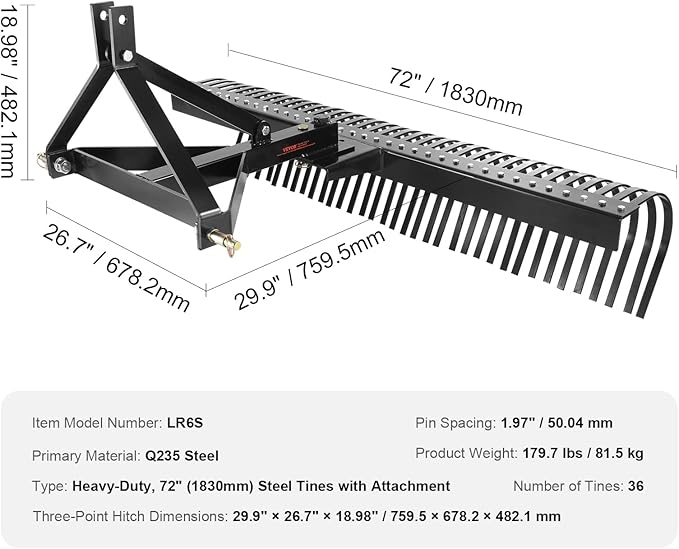 VEVOR Tow Behind Dethatcher, 72-inch Tow Dethatcher with 36 Steel Tines, 3-Point Lawn Dethatcher Rake with Attachments for Tractor, Landscape Rake for Garden, Farm, Grass