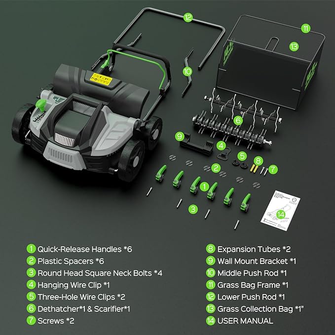 16-Inch 15.5 Amp 2-in-1 Electric Dethatcher and Scarifier with 14.5-Gallon Removable Thatch Collection Bag, Lawn Dethatcher with 5-Position Depth Adjustment, Quick-Fold, Keeps Lawn Healthy