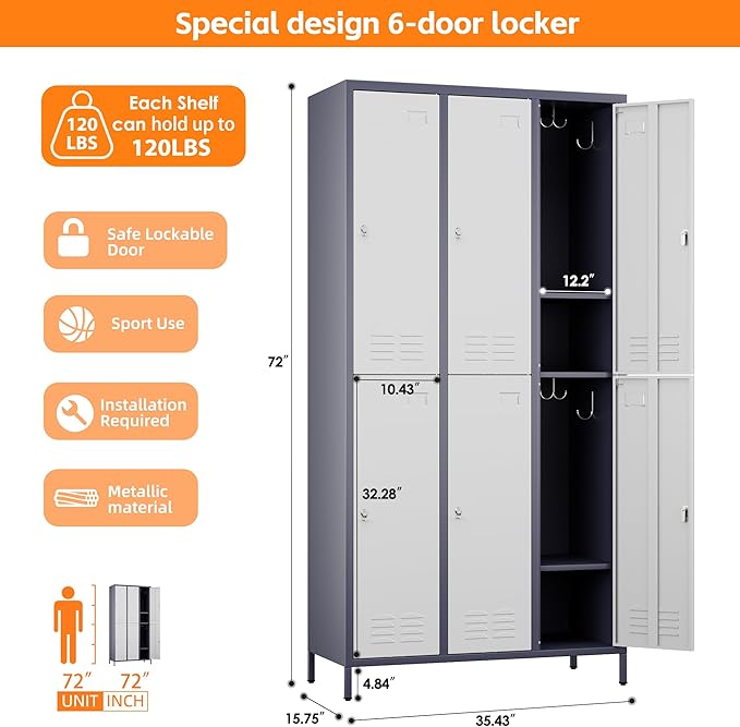 6 Doors Metal Lockers for Employees with 6 Shelves and 18 Hooks, Storage Locker with Business Card Holder for Office Gym School Bedroom, Assembly Required, White and Gray