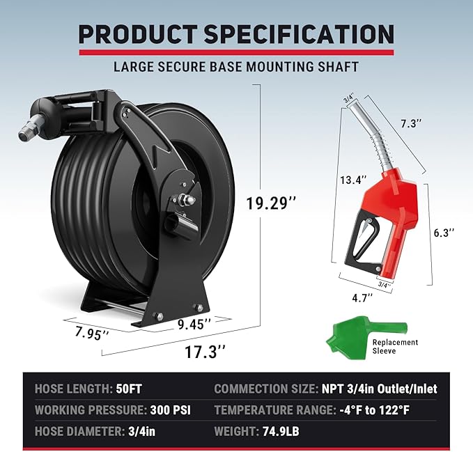 Fuel Hose Reel 3/4" x 50FT Retractable Diesel Hose Reel 300PSI Ratchet Spring Driven Hose Holder Reel Heavy Duty Industrial Steel with Fueling Nozzle for Aircraft Tank Truck Trailer Ship, Black