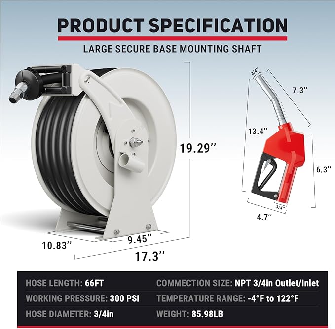 Retractable Fuel Hose Reel, 3/4 in × 66 ft Rubber Hose Heavy Duty Steel Professional Spring Driven Diesel Hose Reel with Fueling Nozzle Max 300PSI Auto Rewind Quick for Ship Vehicle Tank Truck