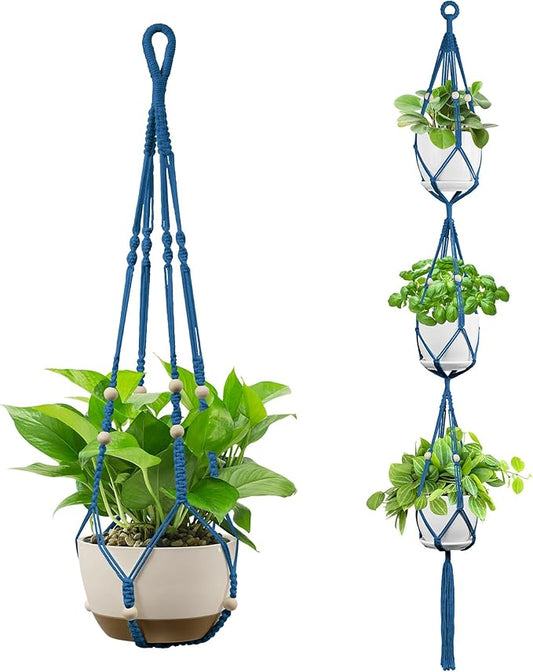 USLAI Macrame Plant Hanger Indoor Outdoor, Up to 4-15 inch Pot, Heavy 20lb Planters, Extra Long Strong Hanging Planter Basket Holder, Boho Home Decor, 35+72 Inch, Blue (POTS NOT Included)