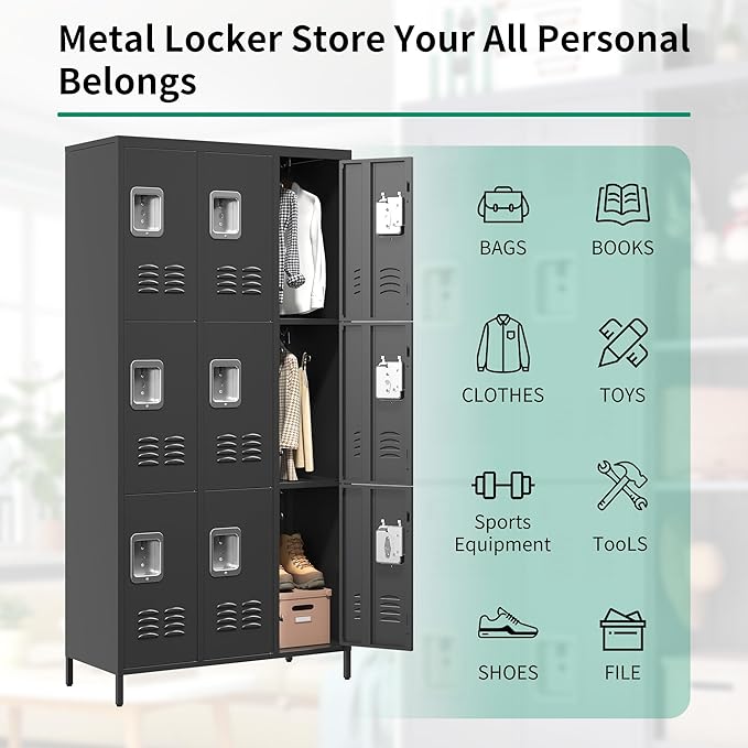 Metal Lockers for Employees, Storage Employee Locker, 72" Storage Lockers with Shelves Steel Cabinet for Home (Black, 9 door-72'')