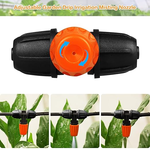 Upgraded Three-Way Atomizing Nozzle for 1/4 Inch Irrigation Tubing, 24 Pcs Adjustable Micro Spray Irrigation Emitters with Integrated 1/4 Inch Tee Fittings for Misting Watering System